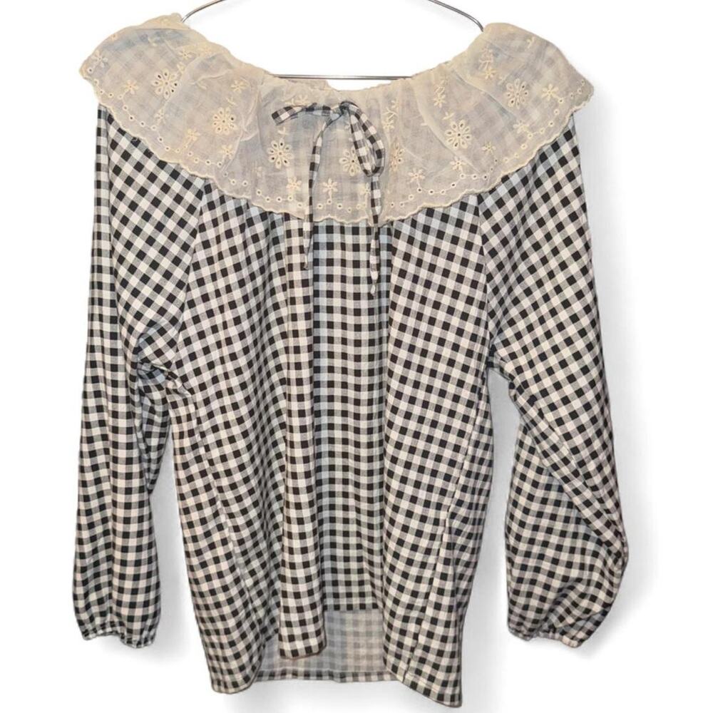 Gingham Blouse Black White Cream Lace Collar Bow Tie Cottagecore Coquette Fall